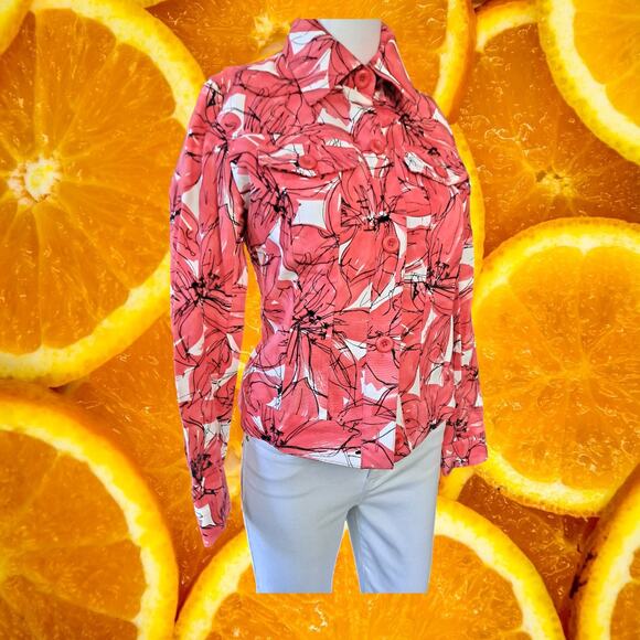 Rafaella Petites White with Red‎ Flowers Button Up Fitted Blouse Size Small - Picture 7 of 7